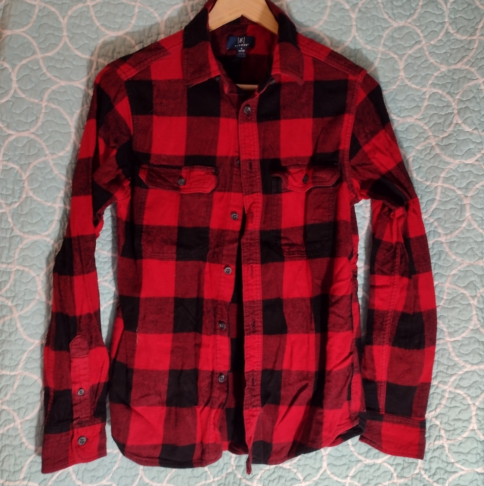 Flannel shirt red and black plaid size men's small, kid 14-16